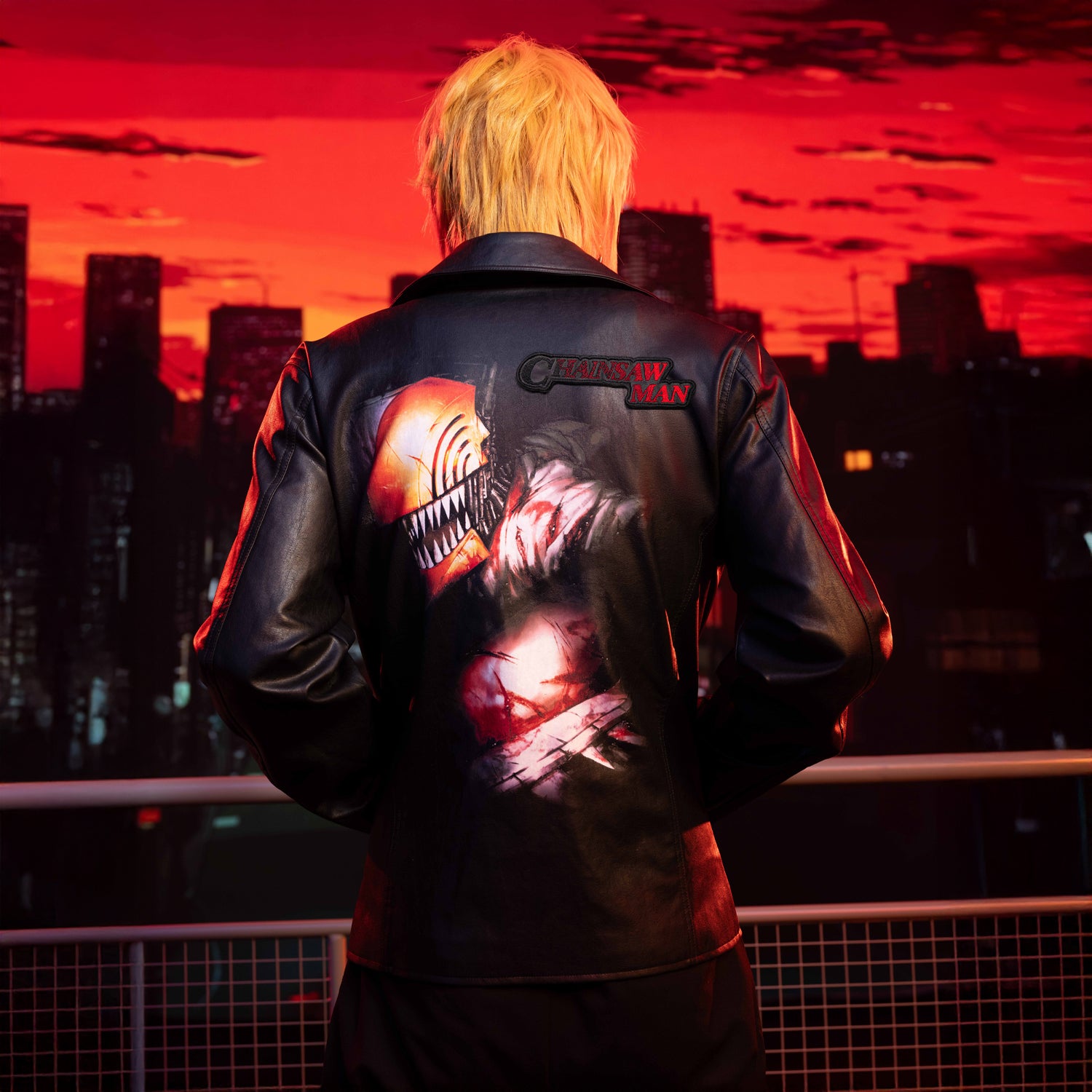 WHOOSIS Chainsaw Man Print Leather Jacket