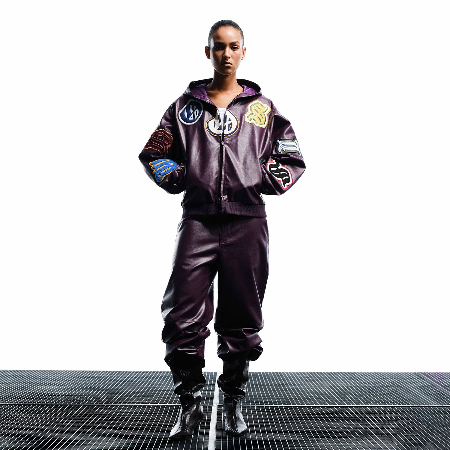 WHOOSIS Multi-Process Embroidered Patch Structural Leather Pants