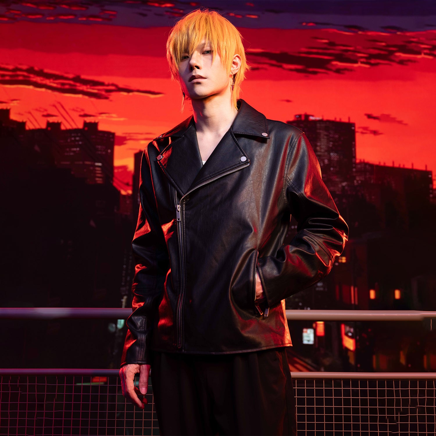 WHOOSIS Chainsaw Man Print Leather Jacket