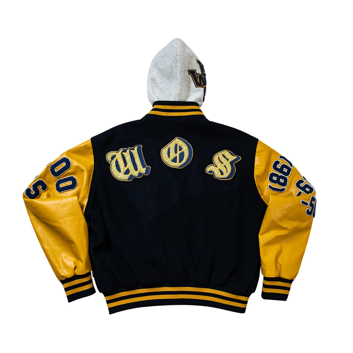 WHOOSIS Patchwork Rhinestone Embroidered Wool Blend Leather-Trimmed Baseball Jacket