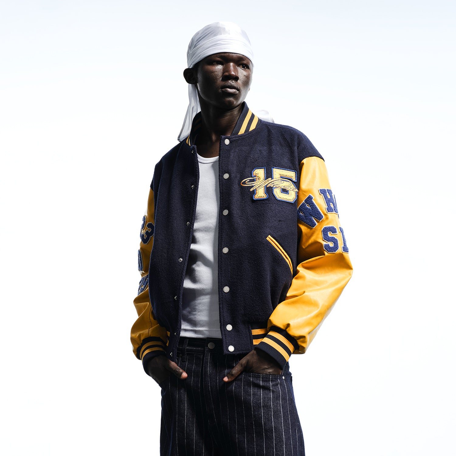 WHOOSIS Patchwork Rhinestone Embroidered Wool Blend Leather-Trimmed Baseball Jacket