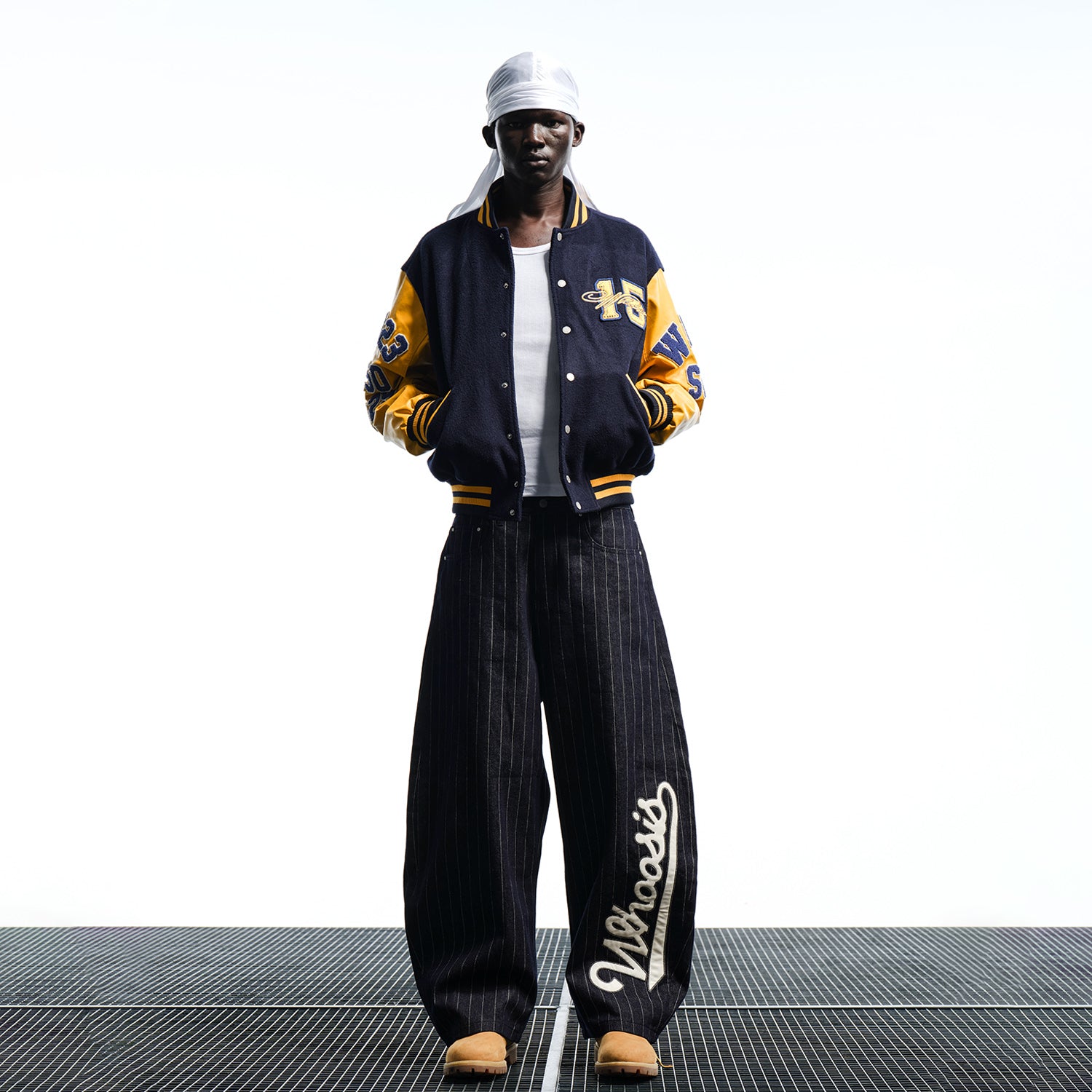 WHOOSIS Patchwork Rhinestone Embroidered Wool Blend Leather-Trimmed Baseball Jacket